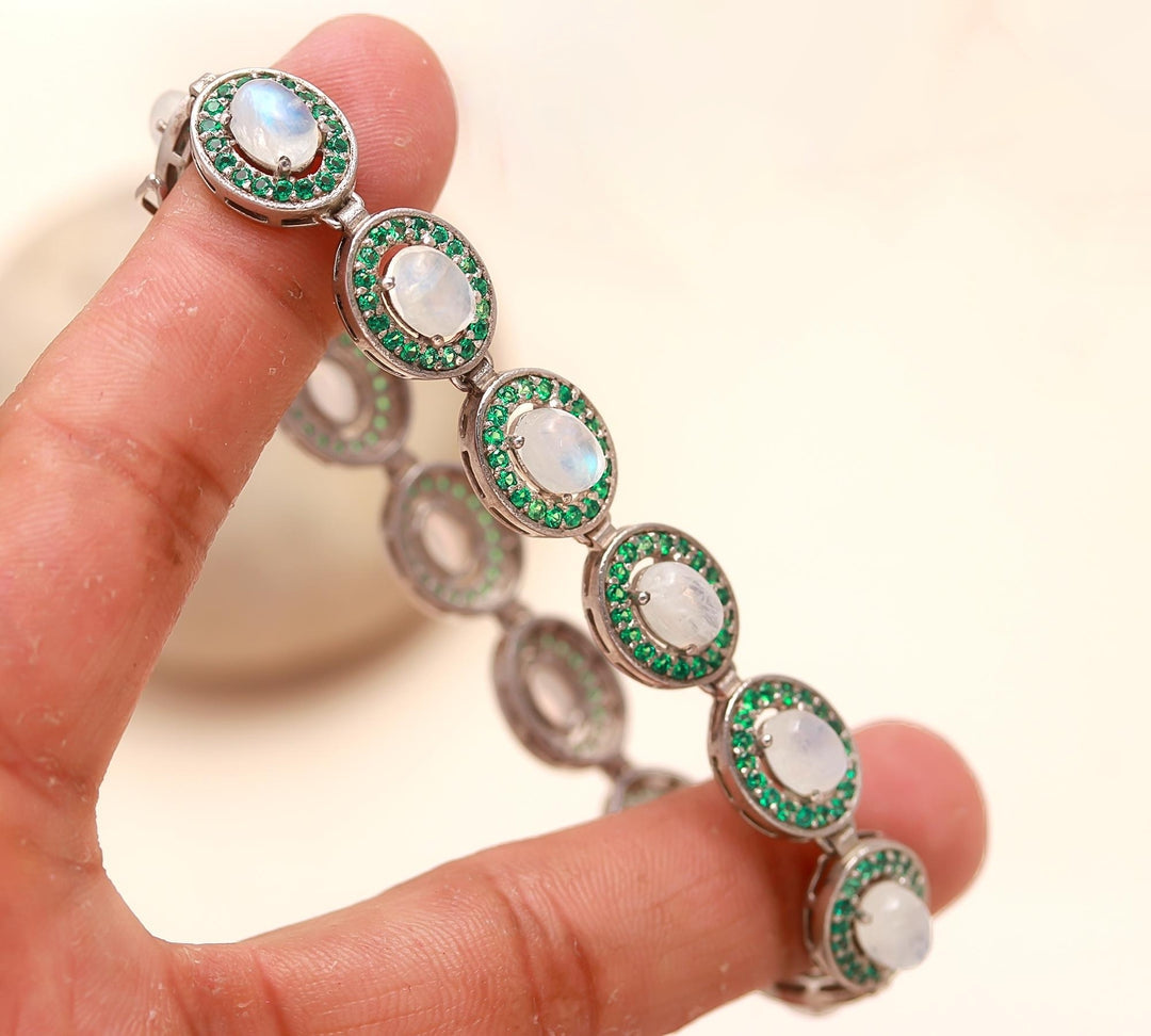 Moonstone with round cut emerald bracelet