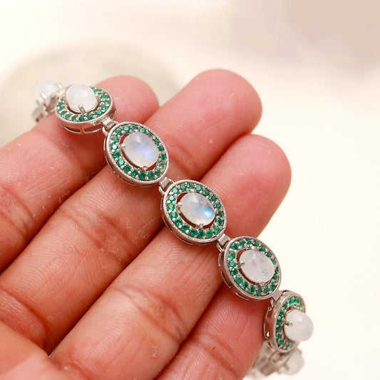 Moonstone with round cut emerald bracelet
