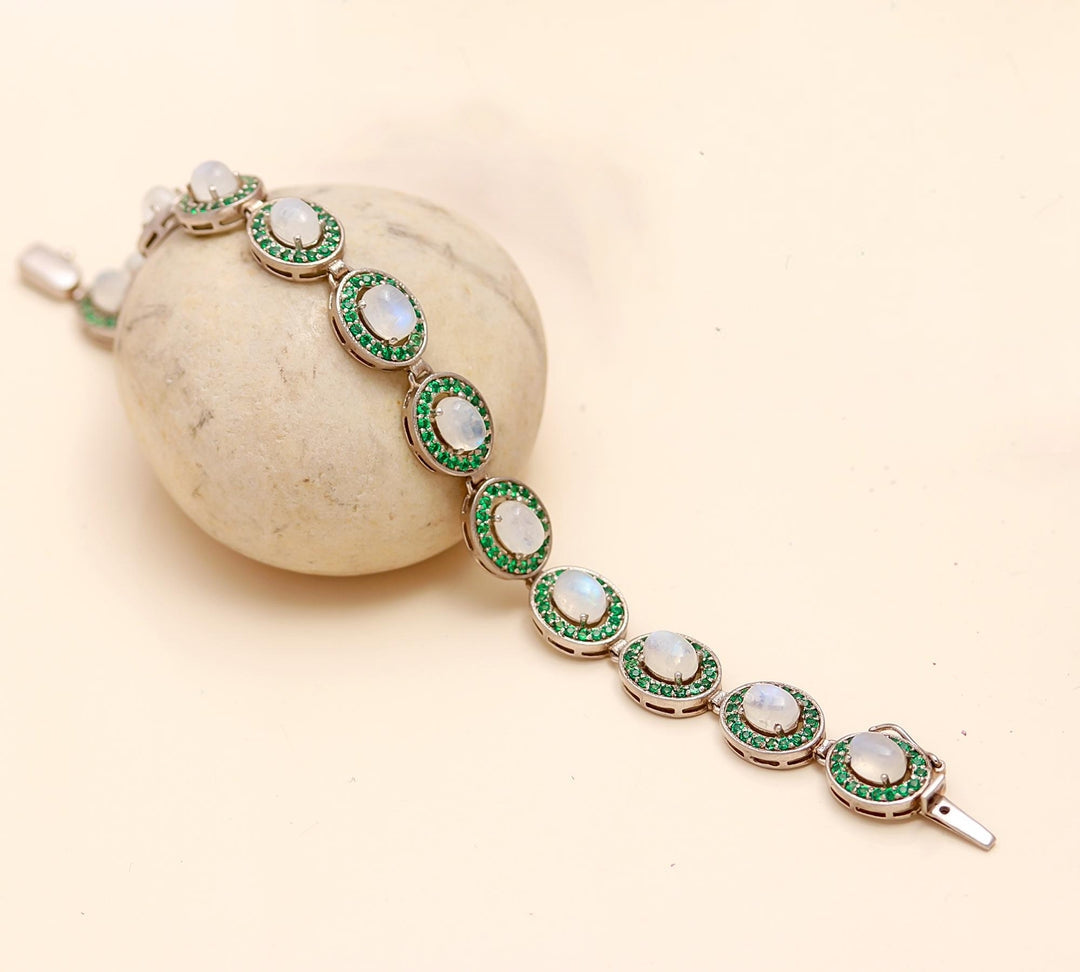 Moonstone with round cut emerald bracelet